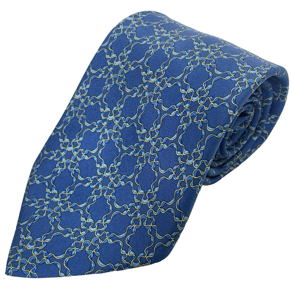 HERMES 100% Silk Tie 56”x3.5” Blue Gold Curly Ribbon on Blue 7726 Geometric EUC